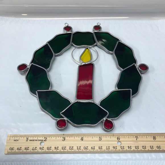 Vintage Handmade in the USA Stained Glass Wreath with Candle - Picture 3 of 4